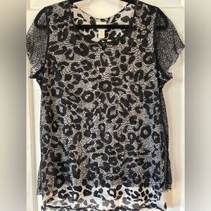NWT Chico's 2 Cheetah Chaser Black Lace Overlay Blouse SS Knit Nylon Top RV $69